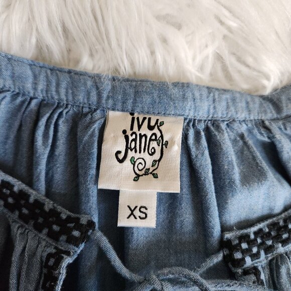 Ivy Jane Boho Dress XS Embroidered Puff Sleeve Chambray Relaxed‎ Southwestern - Picture 6 of 12